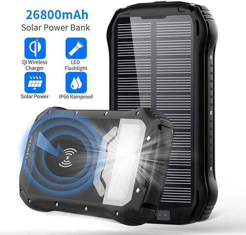 26800mAh Qi Wireless Portable Solar Power Bank 4 Outputs Dual Inputs Backup Battery Pack with 18 LED Flashlight